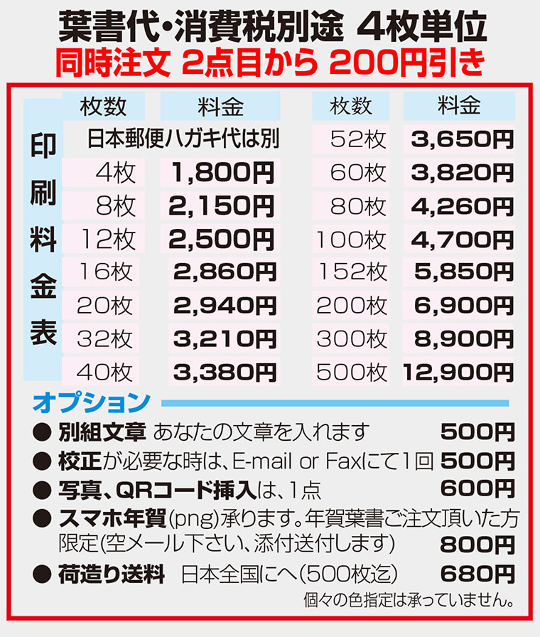 年賀価格表